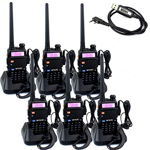 Retevis RT-5R 2 Way Radios 5W 128CH FM Dual Band Radio UHF/VHF 400-520/136-174MHZ Walkie Talkies(6 Pack) with Programming Cable