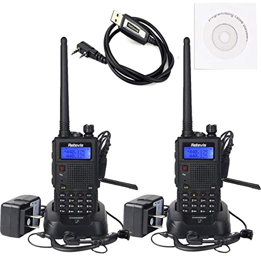 Retevis RT5 Walkie Talkies Rechargeable 7W Dual Band Radio 136-174/400-520MHz FM Scan VOX Car Charging Function Ham Radio(Back,2 Pack)with Programming Cable
