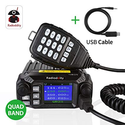 Radioddity QB25 Quad Band Quad-standby Mini Mobile Car Truck Radio, VHF UHF 144/220/350/440 MHz, 25W/10W Car Transceiver with Programming Cable & CD