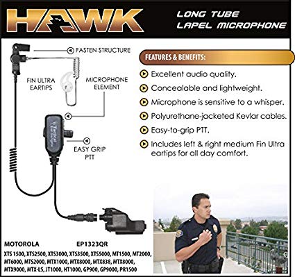 Hawk Lapel Mic for Motorola XTS Radios Includes Fin Ultra Earmolds