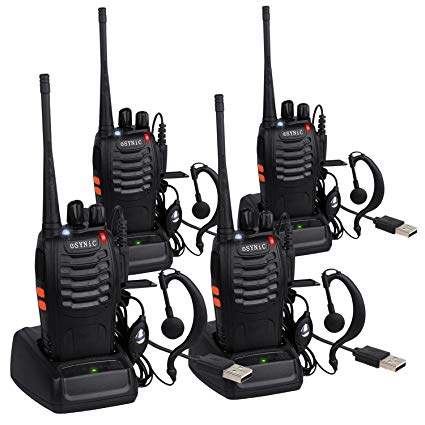 ESYNIC 4 Pack Rechargeable Walkie Talkies Long Range Two Way Radio UHF 400-470MHz Walky Talky With Earpieces Flashlight 16 Channel FM Handheld Transceiver Support USB Cable Charging