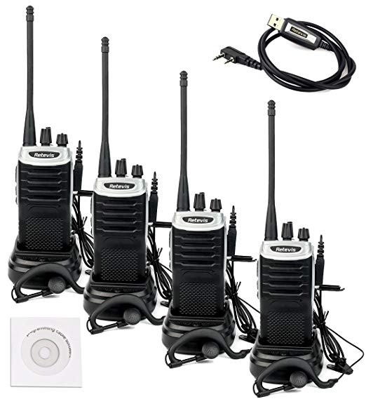 Retevis RT7 Walkie Talkies Rechargeable UHF 16 CH FM Two Way Radio with Earpiece(Silver Black Border, 4 Pack) and Programming Cable