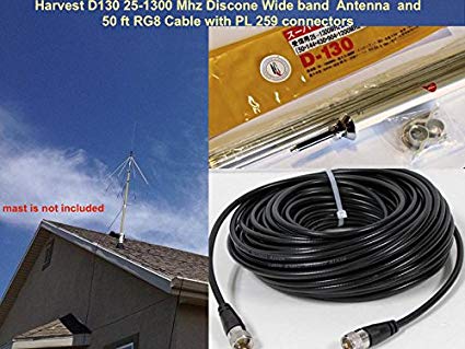 Harvest D130 25-1300mhz Super Discone Wide Band Base Antenna and 50ft RG8x Cable