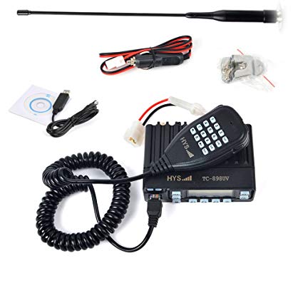 HYS TC-898UV 25W Dual Band Mobile Transceiver 136-174/400-480MHz Amateur Ham Radio with Programming Cable, Car Cigarette, Soft Telescopic Car Antenna