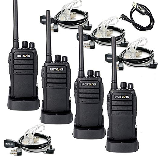 Retevis RT21 Two Way Radio Security 2.5W Scrambler 16 CH UHF 400-480MHz VOX Walkie Talkies(4 pack) with 2 Pin Covert Air Acoustic Earpiece(4 Pack) and Programming Cable