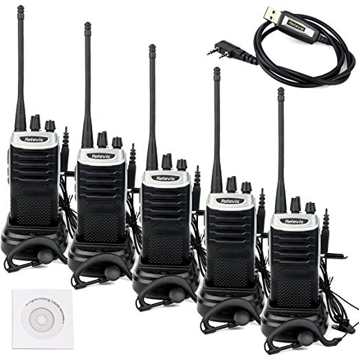 Retevis RT7 Walkie Talkie Rechargeable 3W 16 CH UHF 400-470MHz FM Two Way Radio (Silver Black Border,5 Pack) and Programming Cable