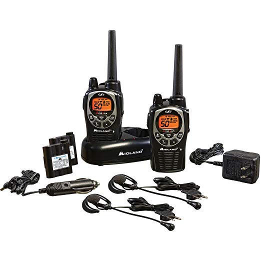 Midland TWO PACK 36-Mile 50-Channel FRS/GMRS Two-Way Radios, NOAA Weather Alert Radio, and 10 Call Alerts, with SOS Siren, JIS4 Waterproof, Pair of Mic Headsets, Belt Clips, Wall & Car Adapter Included, Black/Silver Finish