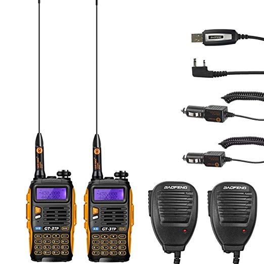 Baofeng GT-3TP Mark-III Tri-Power 8/4/1W Two-Way Radio Transceiver, Dual Band 136-174/400-520 MHz True 8W High Power Two-Way Radio 2 Pack + 2 Remote Speaker + 1 Programming Cable