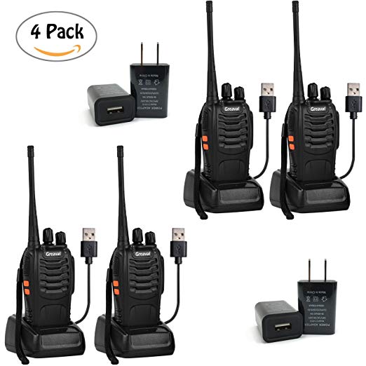 Greaval Rechargeable Long Range Walkie Talkies USB Charging With 4 Charger Adapters UHF 400-470Mhz 16 Channel Two-way Radios Li-ion Battery Included (4 Pack)