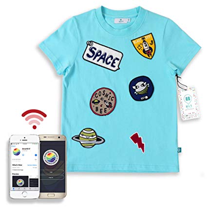 DRESS'EM & FIND'EM -B'zT Washable Fashion Tracker T-shirt for Children. Child Locator. Free App work with iPhone Samsung phone. Perfect for Travel & Playground.(Small, Floating Patches Sky Blue)